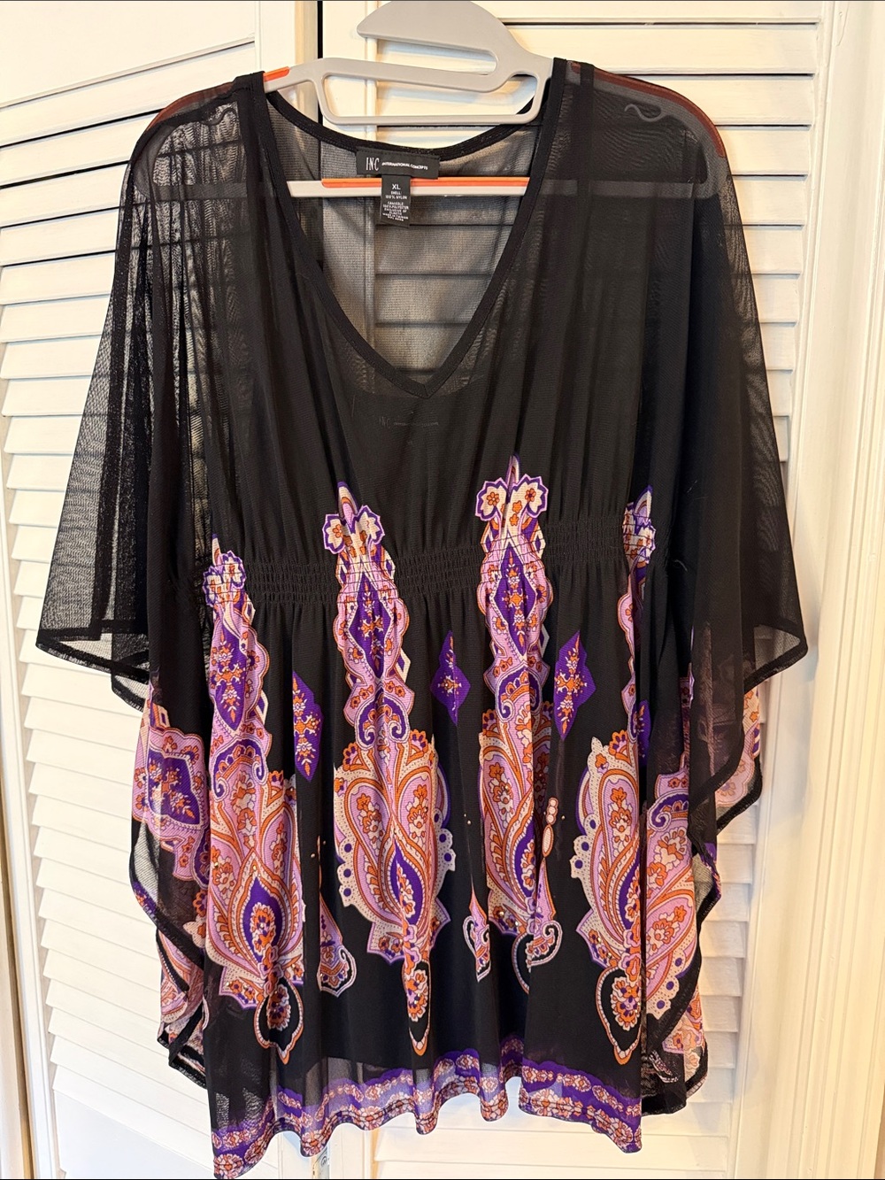 INC International Concepts Black Sheer Top with Orange Accent